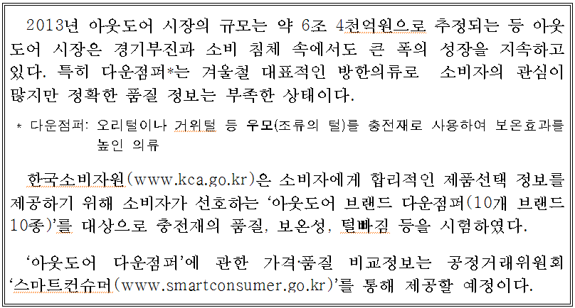 2013년 아웃도어 시장의 규모는 약 6조 4천억원으로 추정되는 등 아웃도어 시장은 경기부진과 소비 침체 속에서도 큰 폭의 성장을 지속하고 있다. 특히 다운점퍼(오리털이나 거위털 등 우모(조류의털)를 충전재로 사용하여 보온효과를 높인 의류)는 겨울철 대표적인 방한의류로 소비자의 관심이 많지만 정확한 품질 정보는 부족한 상태이다. 한국소비자원(www.kca.go.kr)은 소비자에게 합리적인 제품선택 정보를 제공하기 위해 소비자가 선호하는 '아웃도어 브랜드 다운점퍼(10개 브랜드 10종)'를 대상으로 충전재의 품질, 보온성, 털빠짐 등을 시험하였다. '아웃도어 다운점퍼'에 관한 가격, 품질 비교정보는 공정거래위원회 '스마트컨슈머(www.smartconsumer.o.kr)'를 통해 제공할 예정이다.