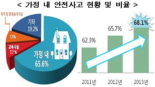 가정 내 안전사고 현황 및 비율 : 안전사고 발생 장소는 가정 내(65.6%), 교육시설(7.7%), 여가 및 문화놀이 시설(7.5%), 기타(19.2%) : 가정 내 비율은 2011년 62.3%, 2012년 65.7%, 2013년 68.1%로 매년 증가
