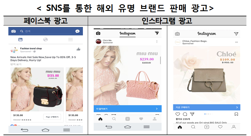 페이스북, 인스타그램을 통해 해외 유명 브랜드 판매 광고가 이루어지고 있음