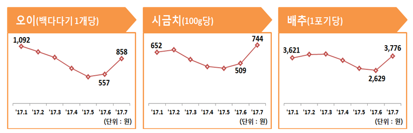 오이는 전월 대비 54.0%, 시금치는 46.2%, 배추는 43.6% 상승함.