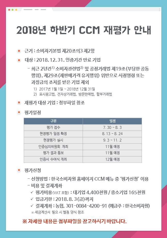 <2018년 하반기 CCM 재평가 안내>
○ 근거 : 소비자기본법 제20조의3 제2항
○ 대상 : 2018.12.31. 인증기간 만료 기업
   - 최근 2년간¹  소비자관련법² 및 공정거래법 제19조(부당한 공동행위), 제29조(재판매가격 유지행위) 위반으로 시정명령 또는 과징금의 조치를 받은 기업 제외
     1) 2017년 1월 1일 ~ 2018년 12월 31일
     2) 표시광고법, 전자상거래법, 방문판매법, 할부거래법
○ 재평가 대상 기업 : 첨부파일 참조
○ 평가일정
   - 평가접수 : 7.30 ~ 8.3
   - 현장평가 일정 확정 : 8.13 ~ 8.24
   - 현장평가 실시 : 9.3 ~ 11.2
   - 인증심의위원회 개최 : 11월 예정
   - 평가 결과 통보 : 11월 예정
   - 인증서 수여식 개최 : 12월 예정
○ 평가신청
   - 신청방법 : 한국소비자원 홈페이지 CCM 메뉴 중 '평가신청' 이용
   - 비용 및 결제계좌
     * 평가비용(VAT 포함) : 대기업 4,400천원 / 중소기업 165천원
     * 입금기한 : 2018.8.3(금)까지
     * 결제계좌 : 농협, 301-0084-4200-91 (예금주 : 한국소비자원)
     ※ 세금계산서 필요 시 별첨 양식 참조
※ 자세한 내용은 첨부파일을 참고하시기 바랍니다.