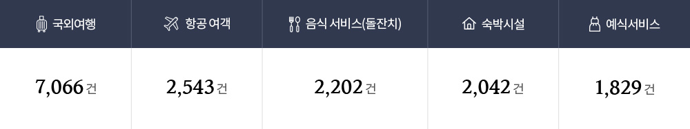 국외여행 - 7,066건, 항공여객 - 2,543건, 음식서비스(돌잔치) - 2,202건, 숙박시설 - 2,042건, 예식서비스 - 1,829건